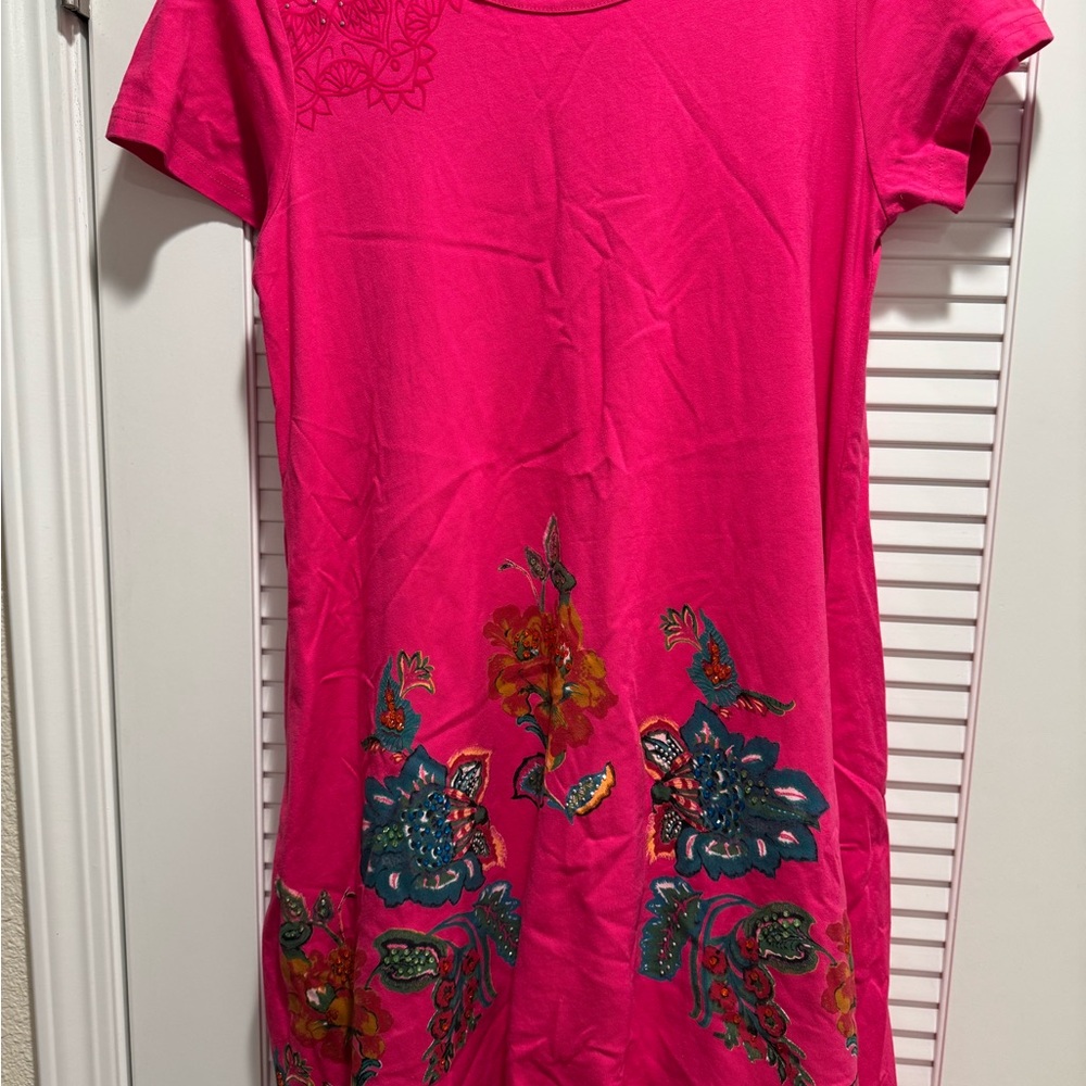 Pink cover-Up Dress with Embellished Hem and Crew Neck